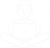 Young person happily working on laptop with spark symbols around.