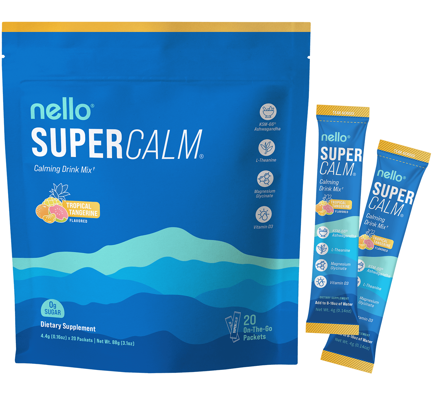 Blue packaging of Nello Super Calm calming drink mix with tropical tangerine flavor.