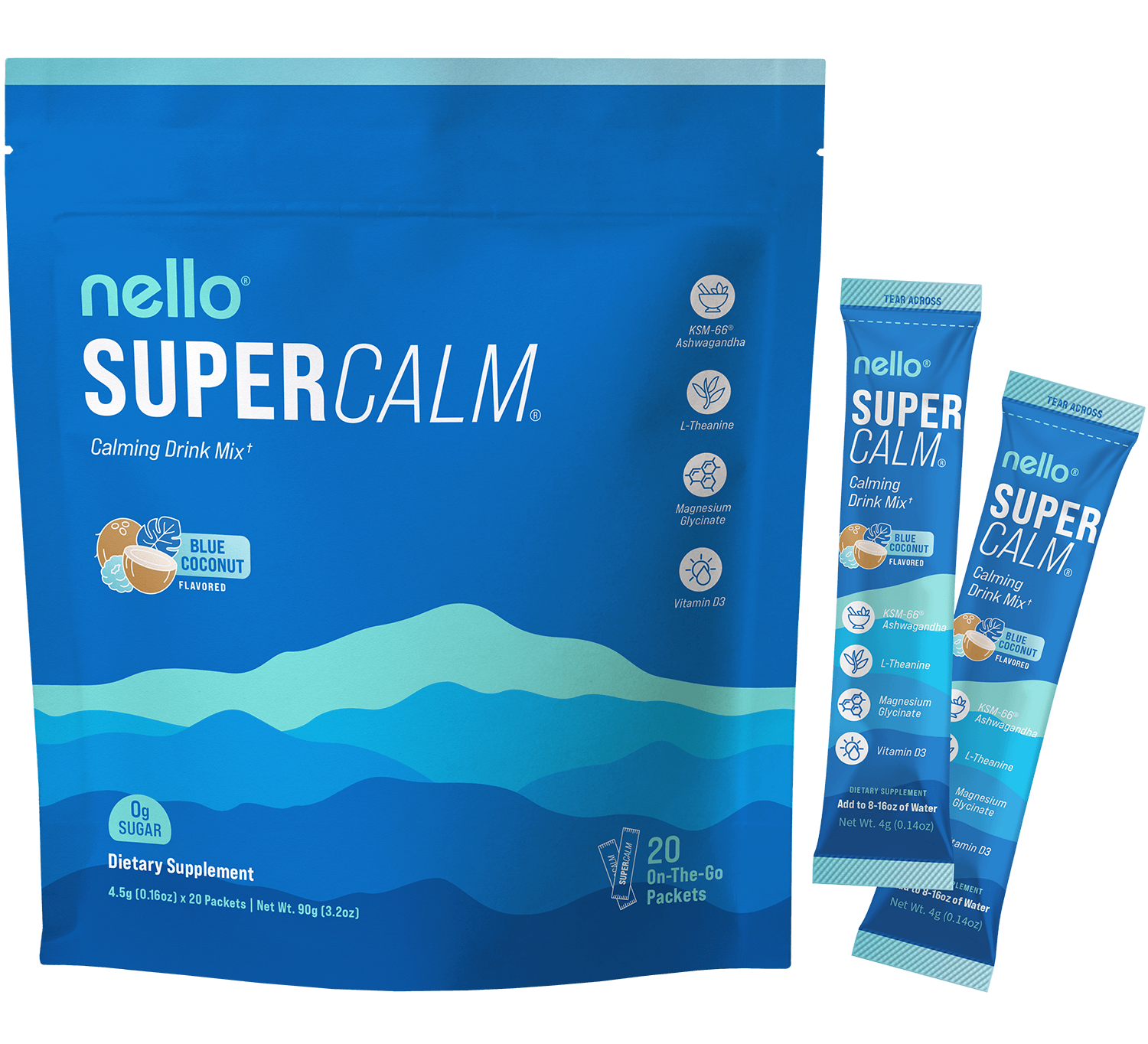 Blue packaging of Nello SuperCalm calming drink mix with two individual packets.
