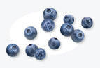 Scattered blueberries on a light background.