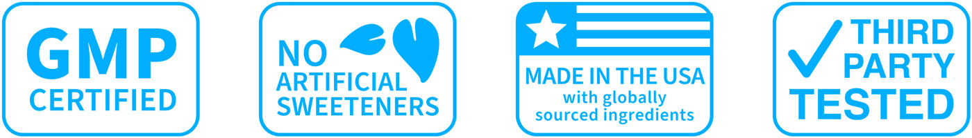 Icons showing GMP certified, no artificial sweeteners, USA made, and third-party tested labels.