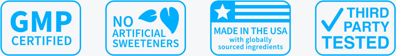 Product certifications: GMP, no artificial sweeteners, made in USA, third-party tested.