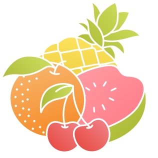 Stylized illustration of fruit: cherry, orange, watermelon, and pineapple.