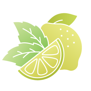 Stylized illustration of a lemon with green leaves.