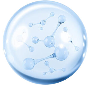 Molecular structure with blue spheres connected by lines inside a translucent circle.