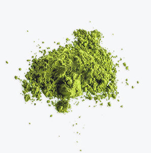 Pile of green matcha powder on a white background.