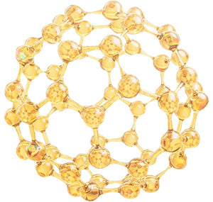 Illustration of a golden buckyball molecule structure.