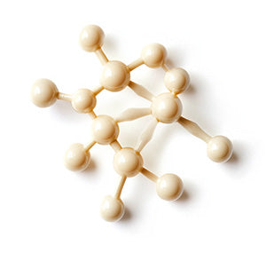 Beige molecular structure model with multiple spheres connected by rods.