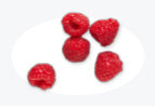 Five fresh raspberries on a white background.