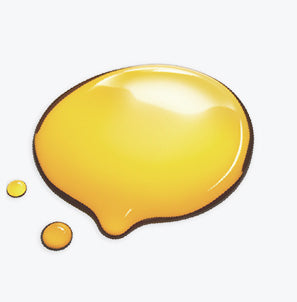 A glossy, yellow splash of liquid with small droplets on a light background.
