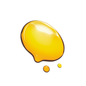 Glossy yellow paint splash with two small droplets on a black background.