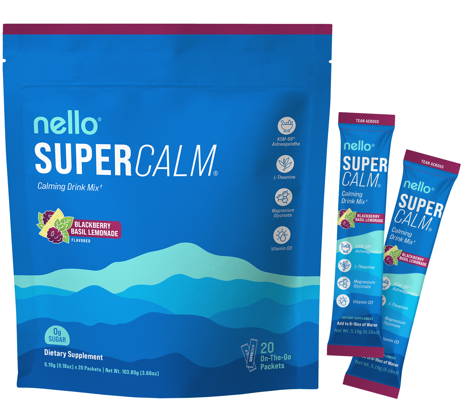 Blue packaging of Nello SuperCalm drink mix with two individual packets.