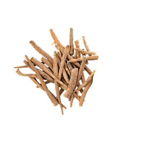 A pile of brown, dried sticks on a white background.