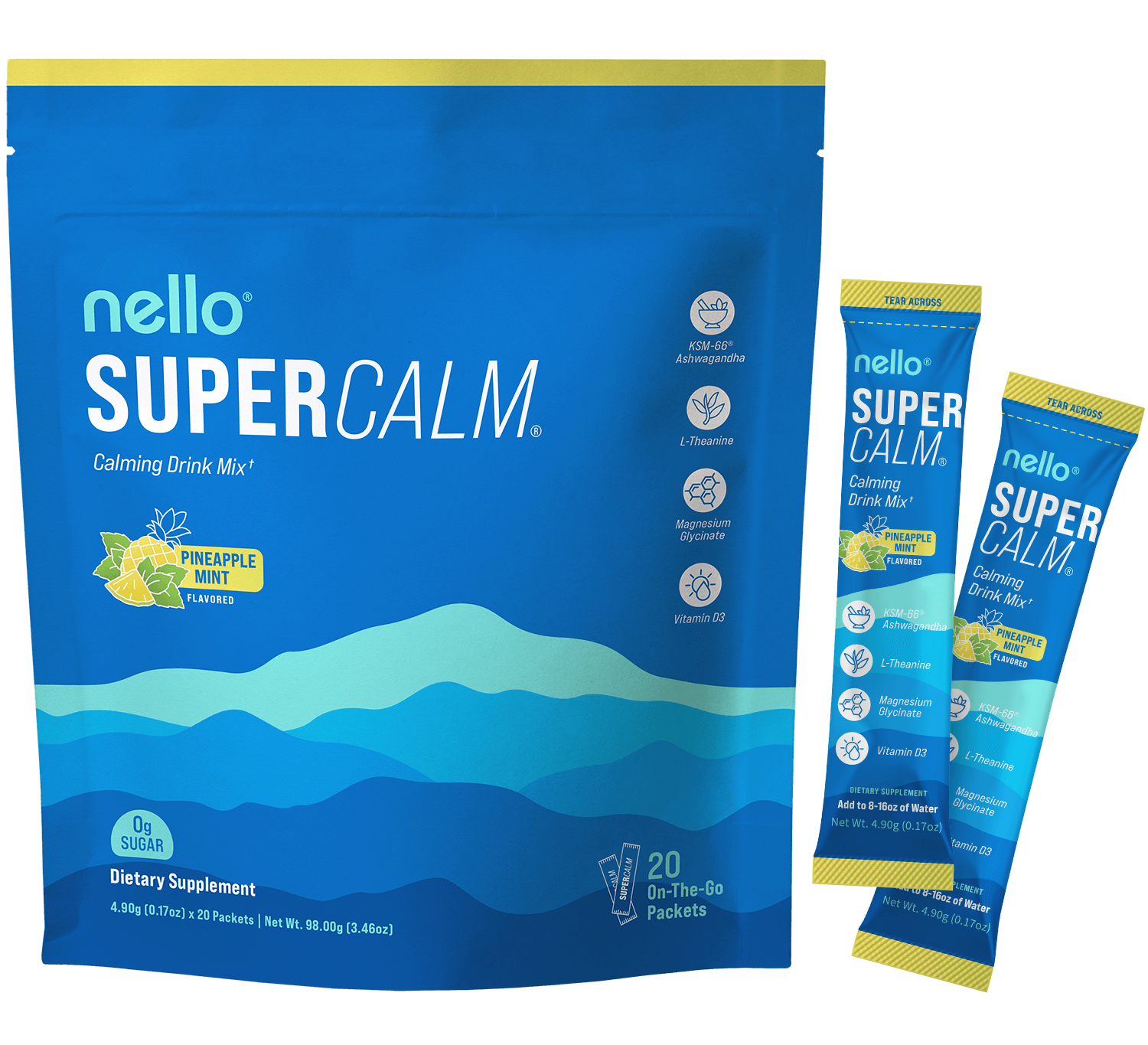 Blue packaging of Nello SuperCalm calming drink mix with pineapple mint flavor.