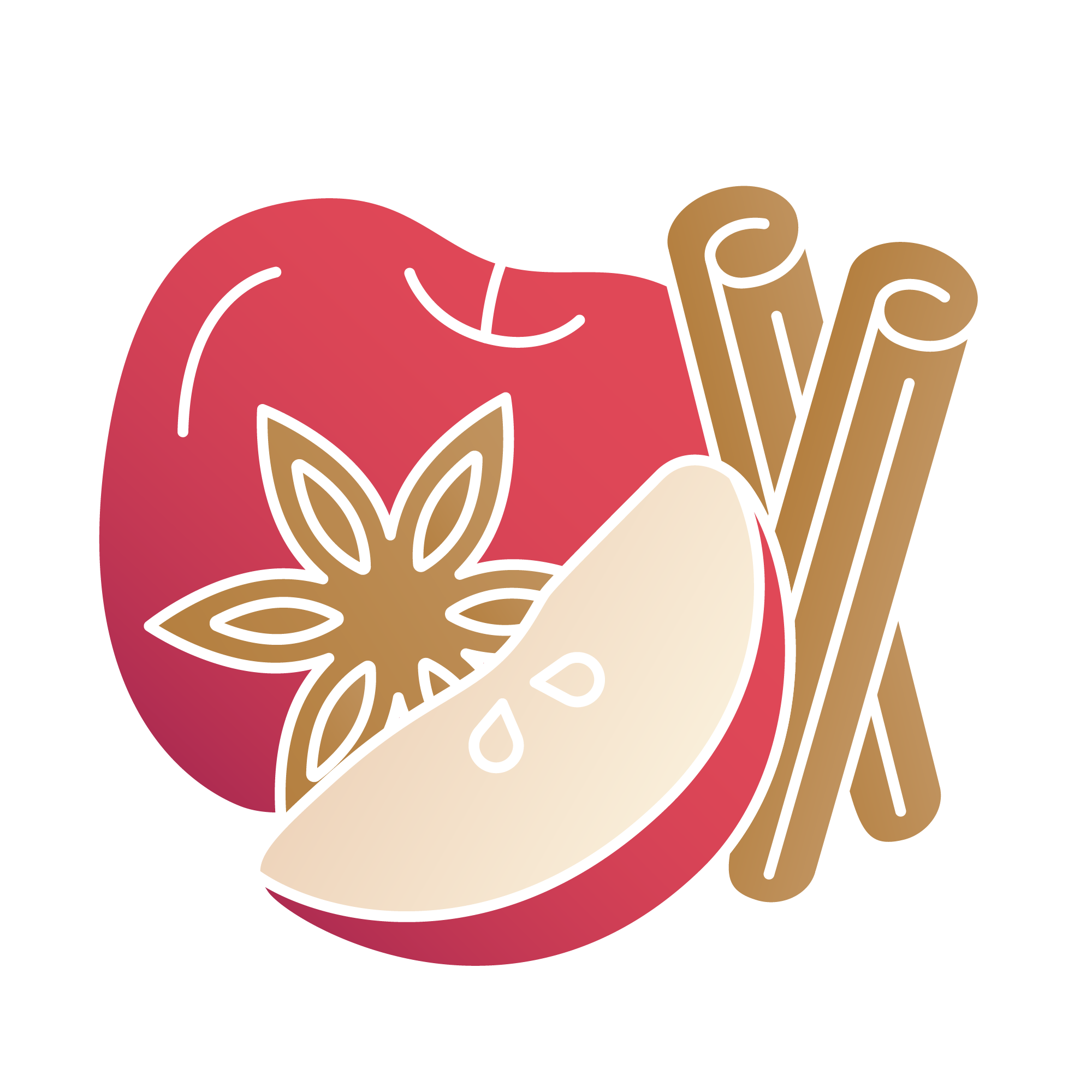 Illustration of an apple, cinnamon sticks, and star anise.