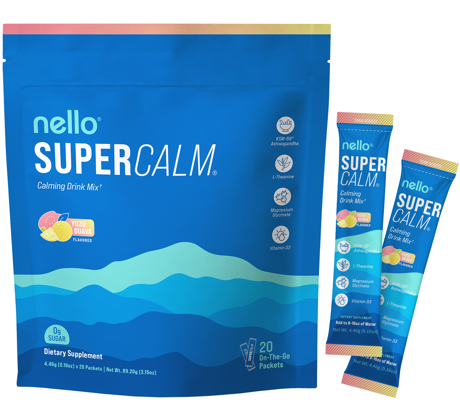 Blue packaging for 'Super Calm' calming drink mix with two smaller packets.