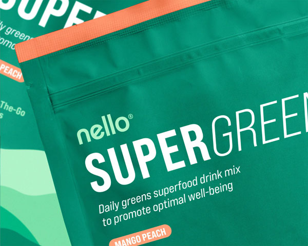 Green packet labeled 'Nello Supergreen,' a superfood drink mix in mango peach flavor.